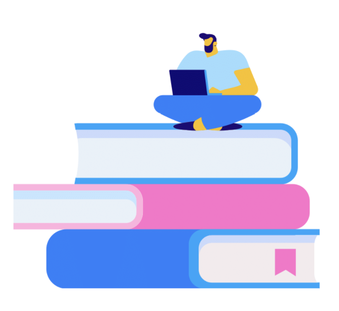 illustrated man sitting on book stack